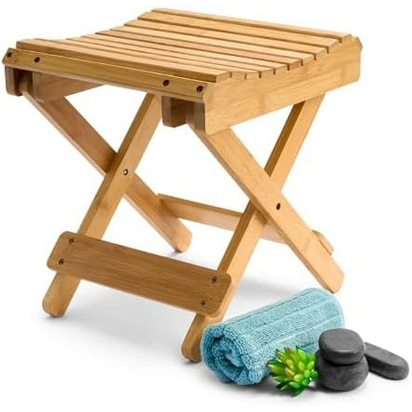 Bamboo Folding Step Stool Bench - for Shaving, Shower Foot Rest, Bath Chair - Great for Bathroom, Spa, Sauna, Wooden Seat, Fully Assembled - 11.75" D x 12.25" W x 13.75" H Natural 1 Count (Pack of 1)