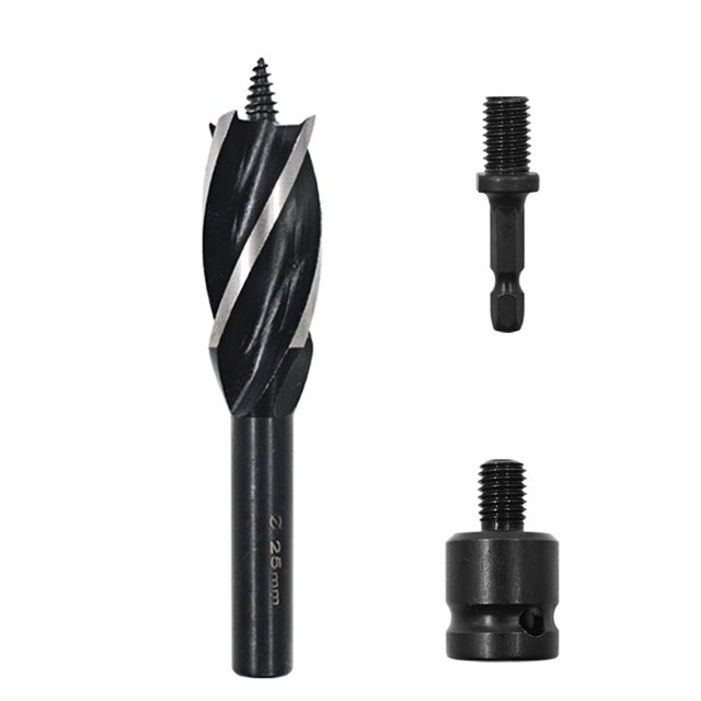 Graflsoa 4-Flute 4-Blade Woodworking Auger Bit Set with 2 Adapters, 25mm - High Carbon Steel, 3-Piece Kit for Precision Drilling