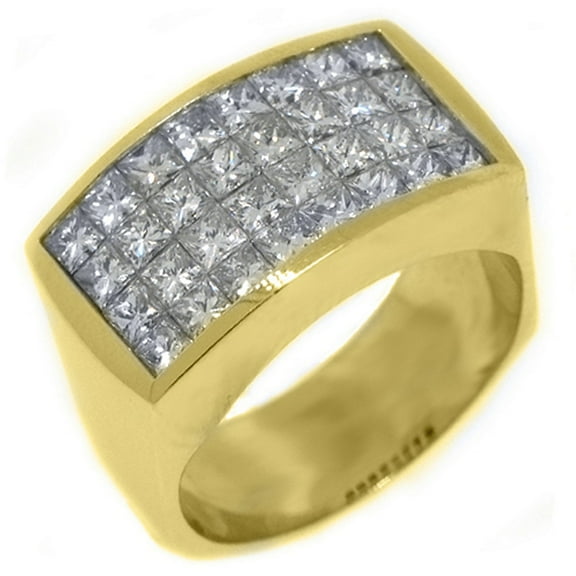 18k Yellow Gold Mens Invisible Princess Cut Diamond Ring 3.68 Carats