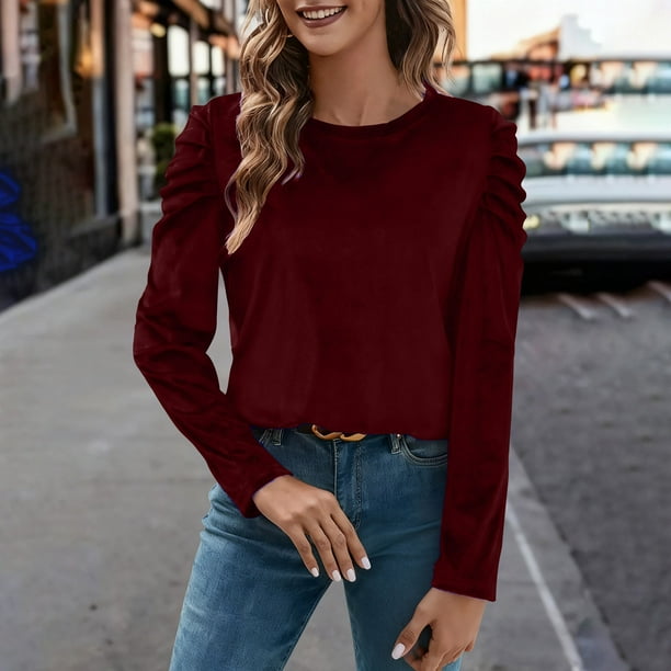 Karight Womens Puff Long Sleeve Shirts Crewneck Spring Fall Tops Basic Dressy Casual Blouses Trendy Outfits