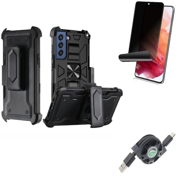 Case Belt Clip & USB Cable & Privacy Screen Protector for Samsung Galaxy S22 (6.1") - Holster Swivel & Retractable Type-C & TPU Film Fingerprint Works Accessory Bundle