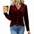 thumbnail image 6 of Womens Retro V Neck Velvet Shirts, Button up Long Sleeve Tops, Casual Velour Blouses for Women, 6 of 7