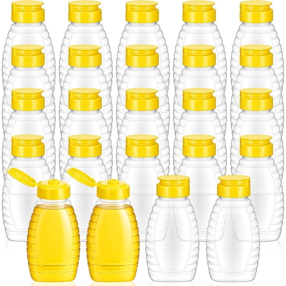 8oz Clear Plastic Honey Bottles Refillable 24 Pack Food Grade Leakproof Squeeze Empty Honey Jar Container Holder with Flip Lid for Storing and Dispensing (Yellow)