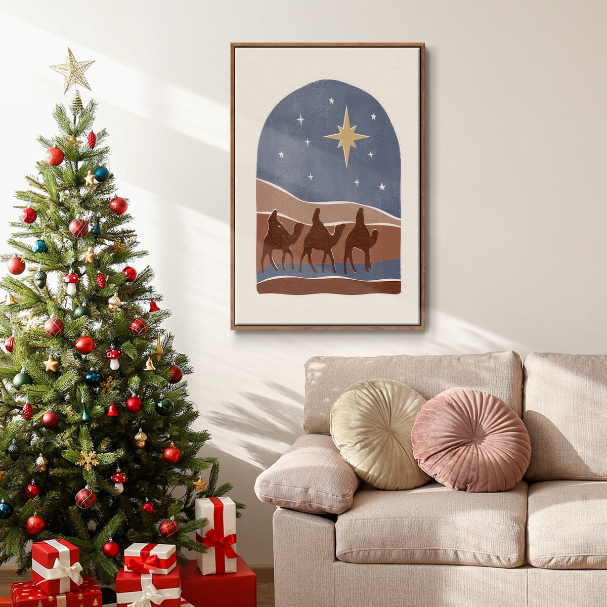 Boho Nativity II - Framed Gallery Wrapped Holiday Canvas - 17 x 25 - Rosewood Frame