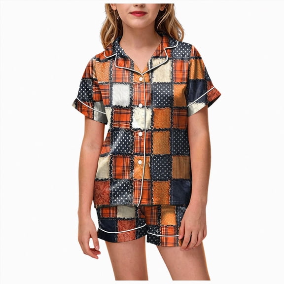 UAYOTSE Button‑Down Satin Pjs for Girls, Collared Short‑Sleeve Top and Sleep Shorts, Lightweight Kids Sleep Set for Daily and Holiday Moments Size 8-9 Years