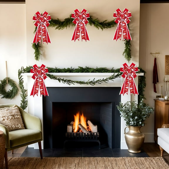 EWASWON Red Christmas Bow Decorations - Velvet Snowflake Edge Ribbon Bow for Christmas Tree, Gift Wrapping, Holiday Hanging Ornaments, 38cm Polyester Festive Decor