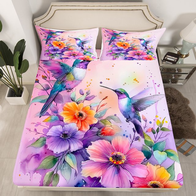 Erosebridal Hummingbird Flower Fitted Sheet Full,Spring Graden Bedding Set Full Size,Girls Room Decorative,Breathable,3-Piece(No Top Sheet)