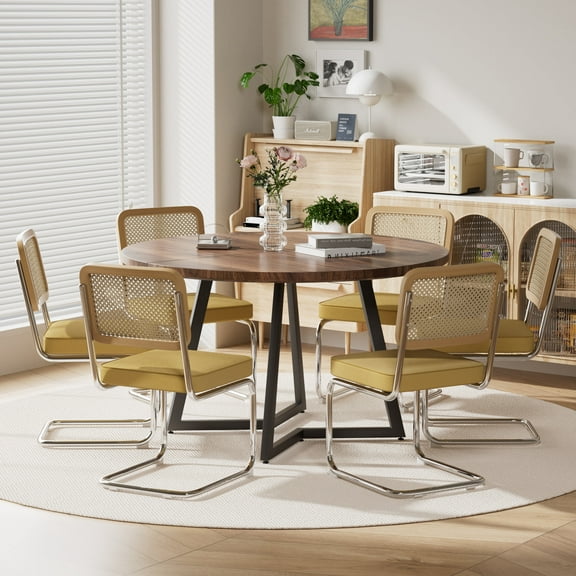 KATBOC 47in Round Solid Walnut Dining Table Set with 6 Mid-Century Modern Chairs, Scratch-Resistant, Farmhouse Style for 4-6 People, Dining Room, Yellow