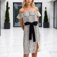 thumbnail image 2 of DHFJKG Summer Off Shoulder Dresses For Women Wedding Guest Dress Casual Striped Tie Waist Short Sleeve Slit Midi Sundress Stylish Dresses, 2 of 5
