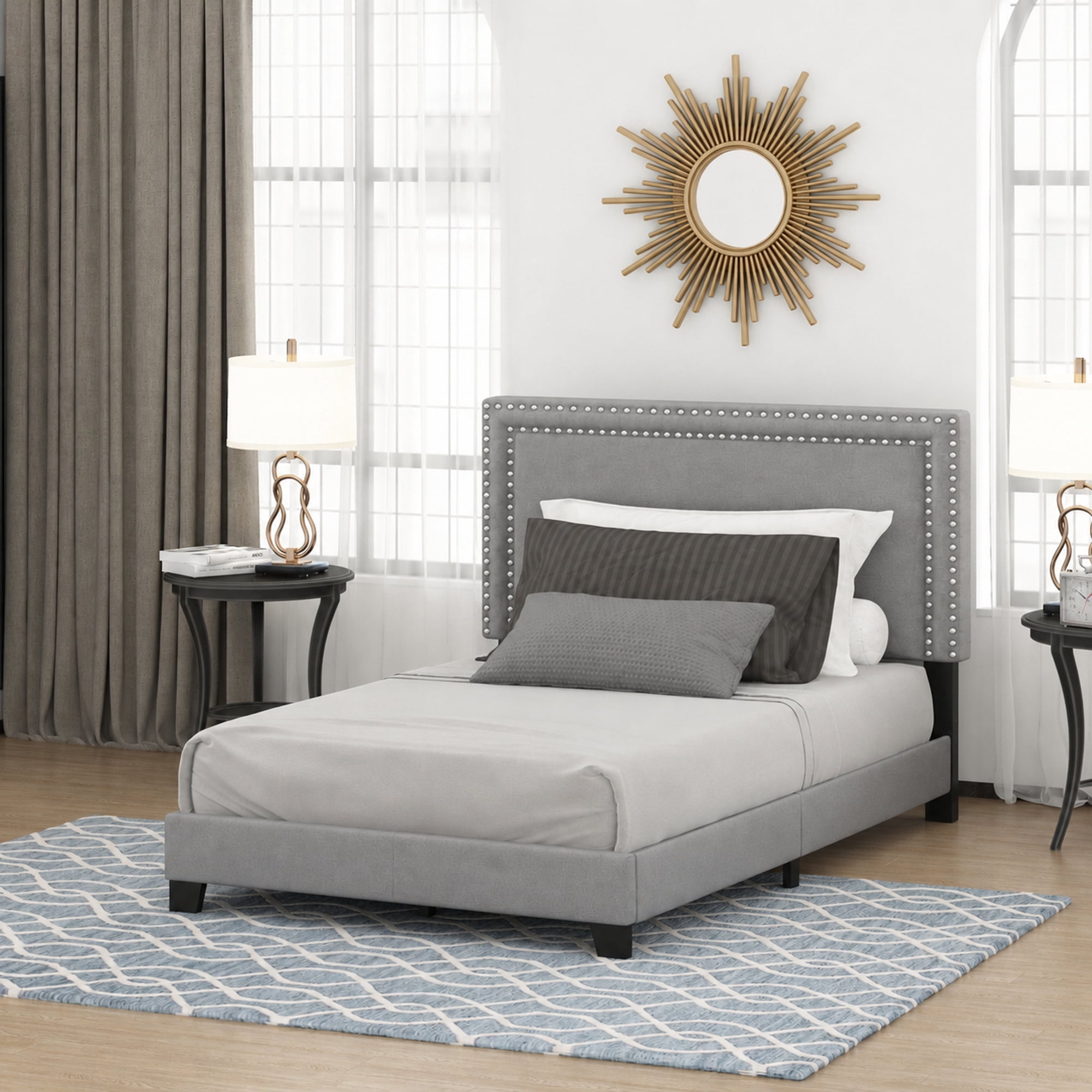 Furinno LAVAL Twin Upholstered Bed Frame with Double-Row Nailhead Headboard and 12-Piece Wooden Slat Support, Light Grey