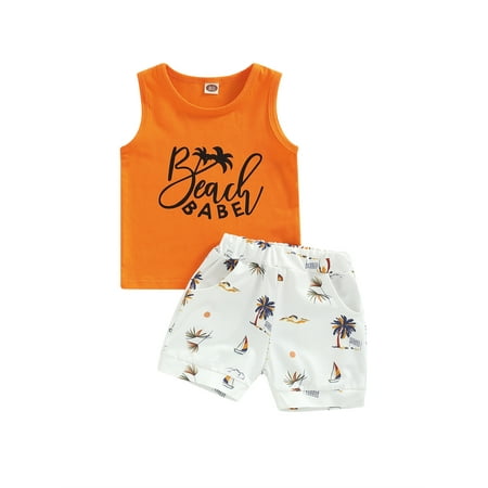 

Sunisery Toddler Kids Boys Summer 2Pcs Outfits Letter Tree Printed Short Sleeve Vest + Elastic Waist Treen Shorts Orange 24-30 Months