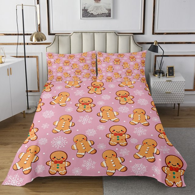 YST Christmas Gingerbread Queen Bedspread Set,Cute Gingerbread Man Quilt Set,Xmas Snowflake Coverlet Set Girls Christmas Gift Bedspread Sets,Pink Christmas Decoration