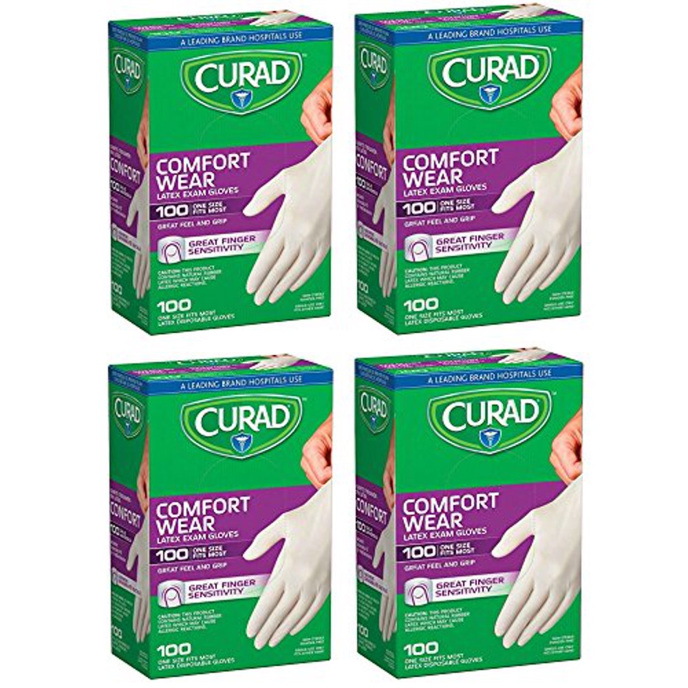 Curad 400 Latex Exam Gloves, One Size Fits Most (4 Packs of 100