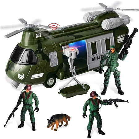 ToyHub Military Vehicles Toy Set of Friction Powered Transport Helicopter with Light and Sound Siren, and Soldier Army Men Action Figures for Kids