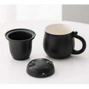 Ceramic Tea Mug with Infuser and Lid, Dingrich 350ml Cute Cat Tea Cup with Filter for Steeping Loose Leaf, Handmade Porcelain Teacup for Home Office (Black)
