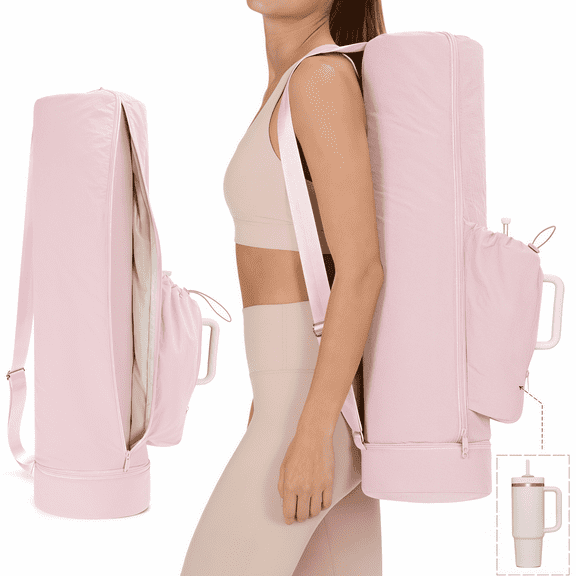 WANDF Puffy Yoga Mat Bag with Wet Pocket & Side Pocket Fits Tumblers with Handle, Full-Zip Pilates Bag Gym Bags for Women Men, Yoga Mat Carrier Storage Bag for Gym Exercise Pilates (Pink Bag)