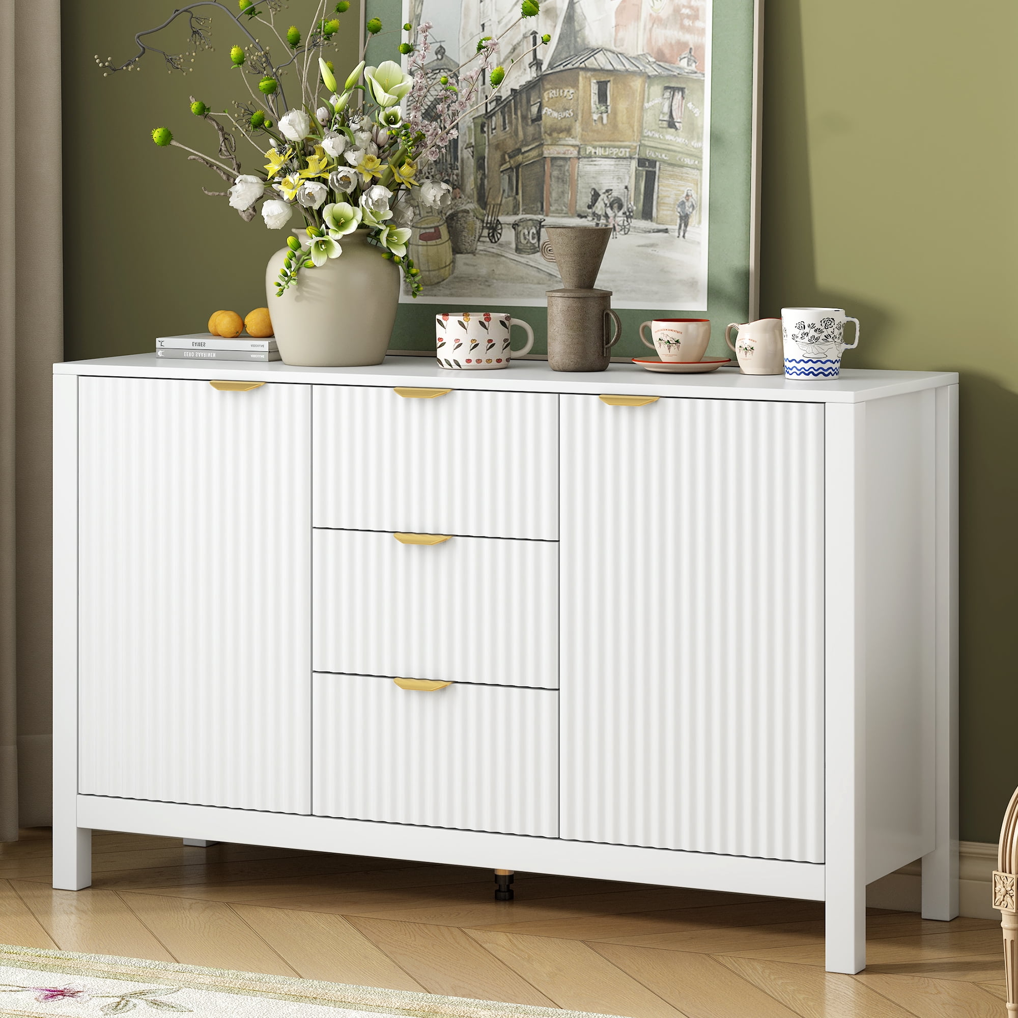 Euroco Sideboard Buffet Cabinet,47" Storage Cabinet with Adjustable Shelves,Metal Handles,3 Drawers and 2 Doors,Wood Console Table for Study,Hallway and Living Room,White