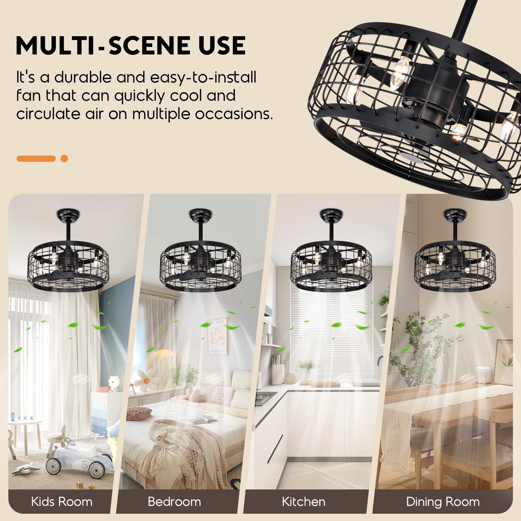 20"Aukfa Ceiling Fan with Light, Cage Ceiling Fan for Bedroom, Kitchen, Living Room with Timing,Black