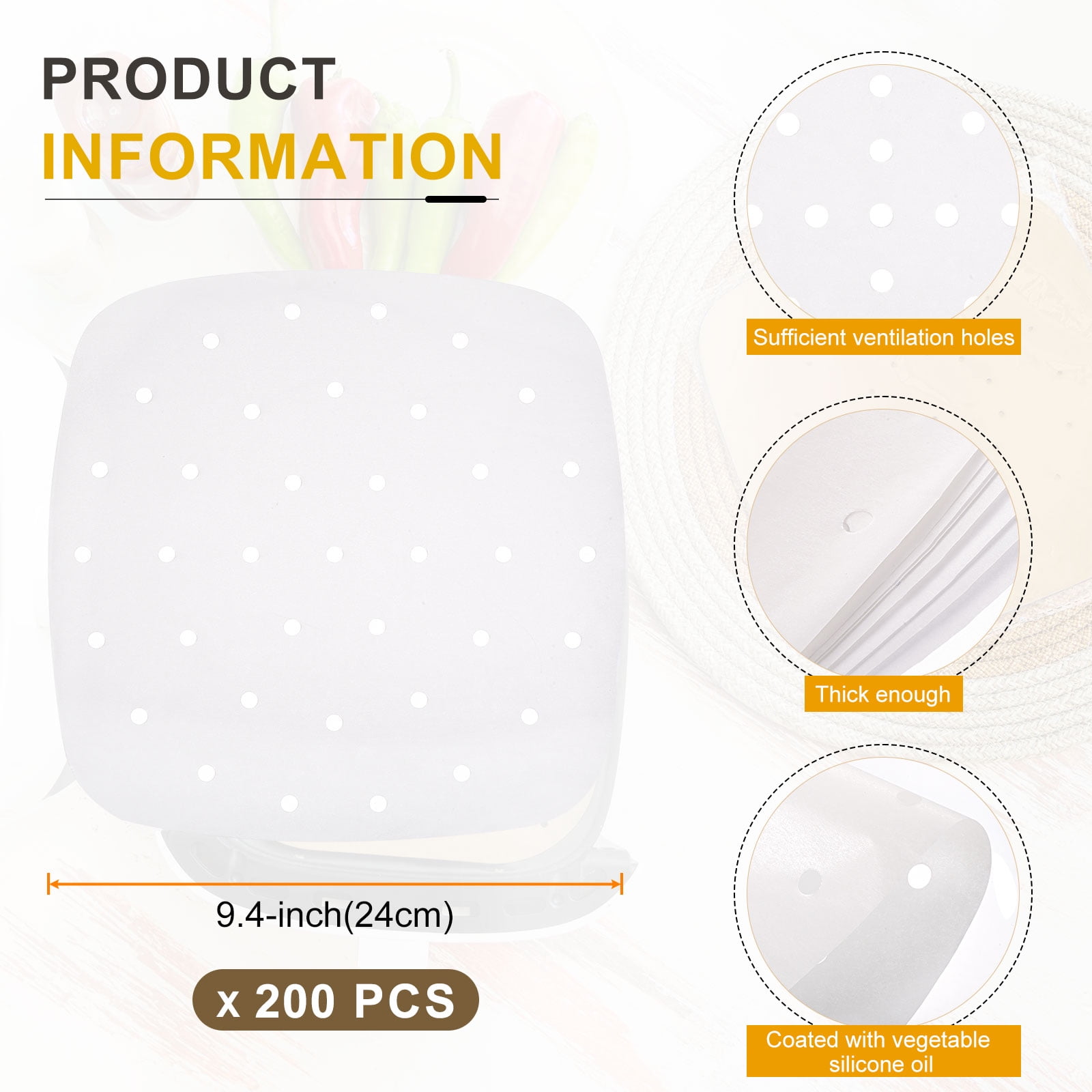 Uxcell 200pcs Air Fryer Liners 9.4 Inch Square Bamboo Steamer Liners with Holes Non-Stick Perforated Parchment Paper Sheets Disposable Steamer Paper for Air Fryers Steaming Basket, White