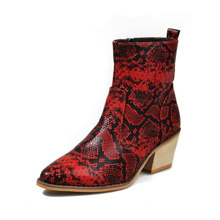 

Daeful Women Snakeskin Booties Ankle Boots Slip on for Ladies Snake Print Boots Chunky Block Mid Heels Fashion Shoes Red 7