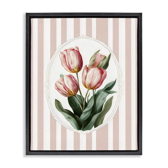 Stupell Industries Vintage Tulips on Stripes Black Framed Floater Canvas Wall Art, design by Ink Drop Loft