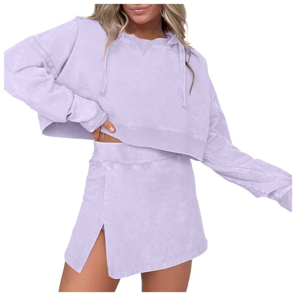 HXWCHs Women's Casual Hoodie and Mini Skirt Two Piece Set Comfortable Pullover Sweatshirt Outfit M Light Purple