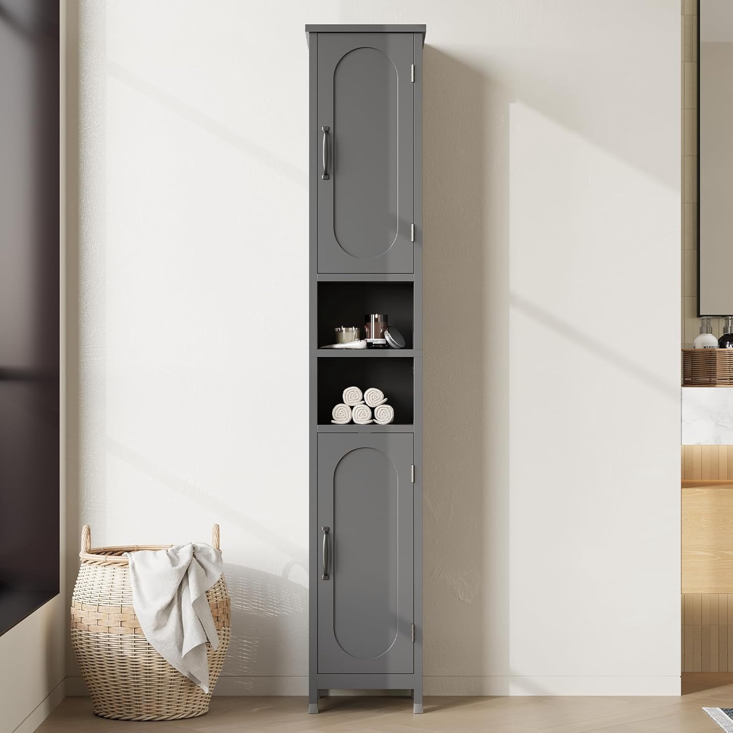 67" Tall Bathroom Storage Cabinet with Lights, Slim Narrow Bathroom Cabinet Organizer with Doors and Adjustable Shelves, Tall Cabinet for Small Space, Living Room, Kitchen, Gray