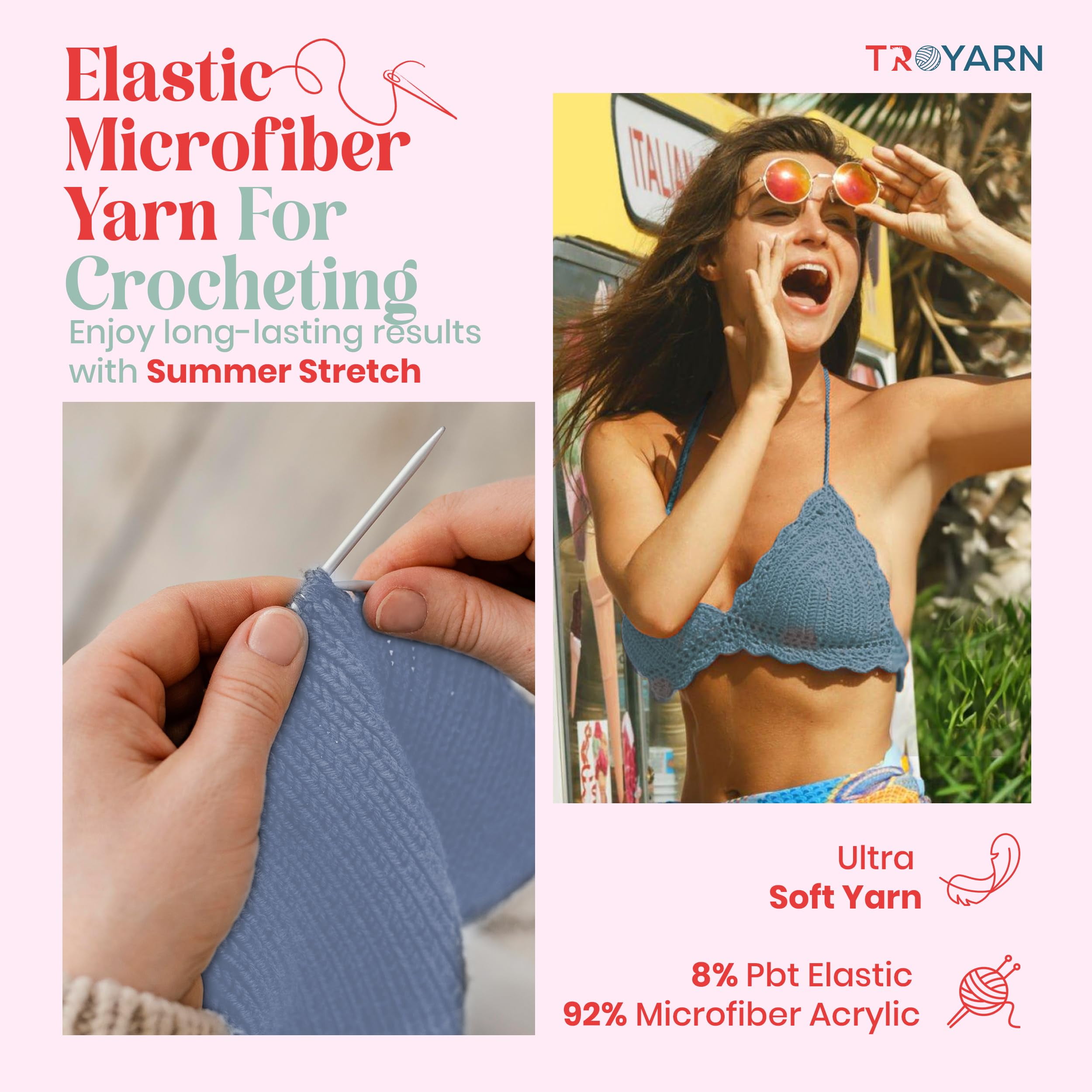 Troyarn Summer Stretch Acrylic Yarn for Crocheting - 4 Skeins of Blue Yarn Made from 100% Elastic Microfiber Acrylic for Knitting, 100gr 438 yds (114350 - Light Blue)