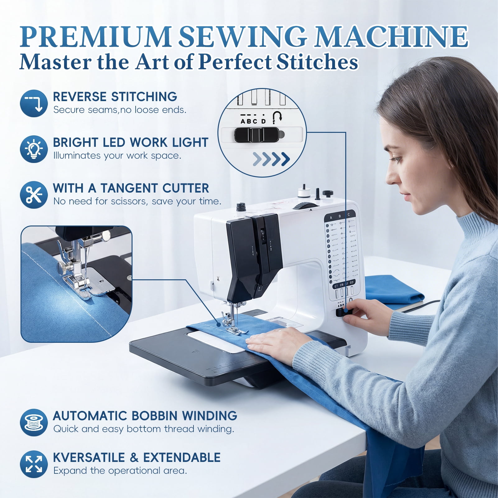 Thehsnt Portable Sewing Machine – 38 Stitches, 2 Speeds, LED Light for Beginners & Home Use