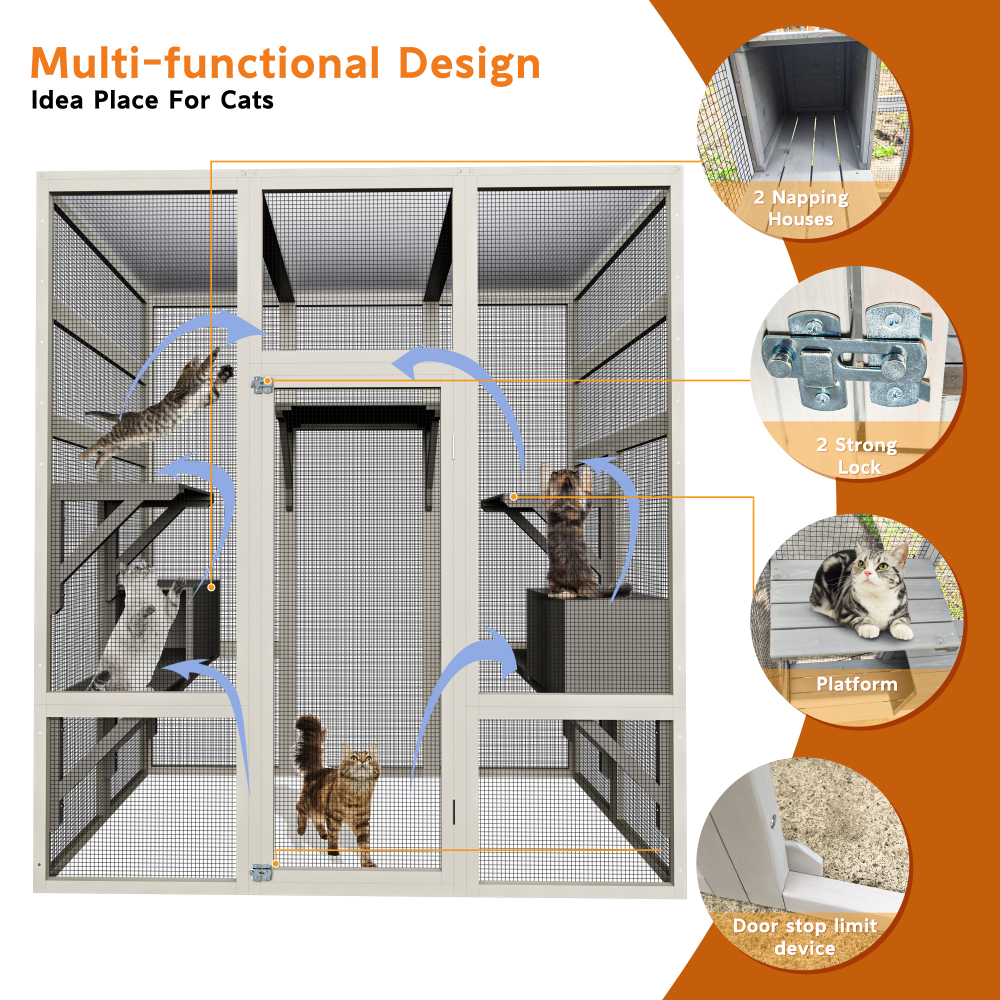 62.6" Outdoor Wooden Cat House Large Catio, Solid Wood Cat Cage Shelter Enclosure Playpen with Anti-UV& Waterproof, 5 Platforms and 2 Resting Boxes