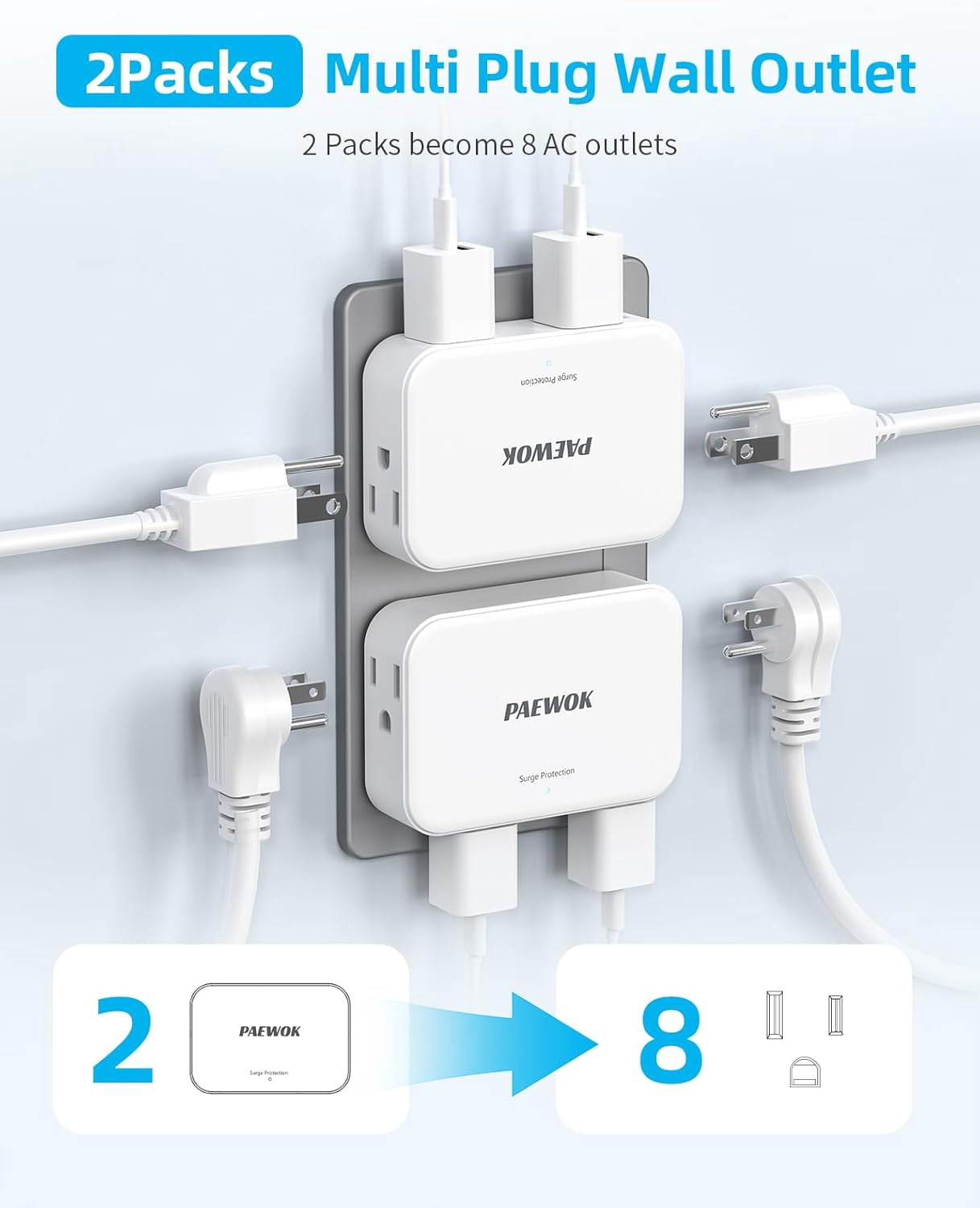 RGHJAR-Outlet Extender with 360° Rotating Plug, 4 AC Multi Plug Wall Outlets Splitter, Small Flat Wall Plug Adapter Power Strip for Home Apartment Dorm Travel Essentials, 2 Pack (8AC)