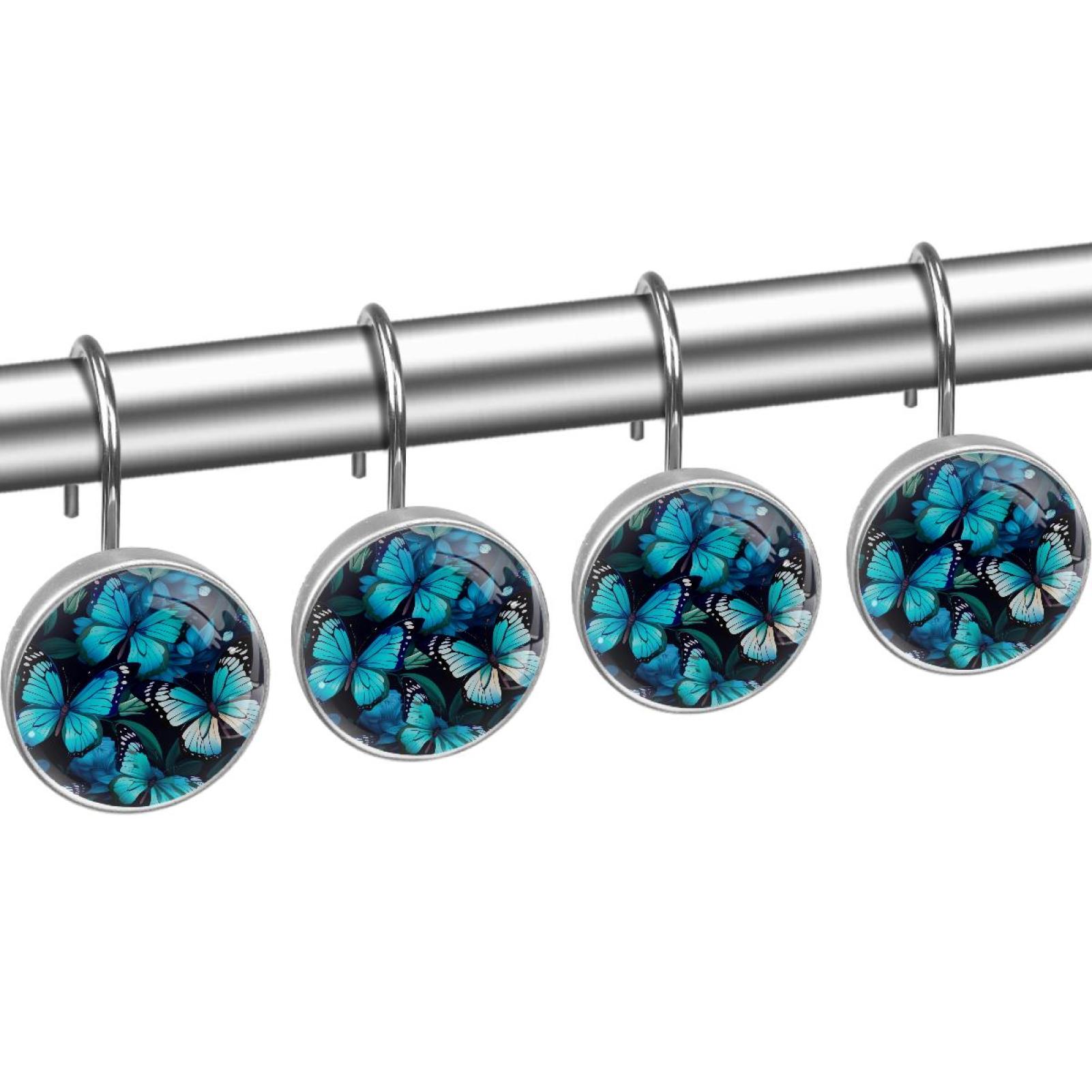 Colorful Flying Butterfly Shower Curtain Hooks Round Crystal Glass, Set of 12 Shower Curtain Rings - Shower Hooks for Curtain Shower Rings