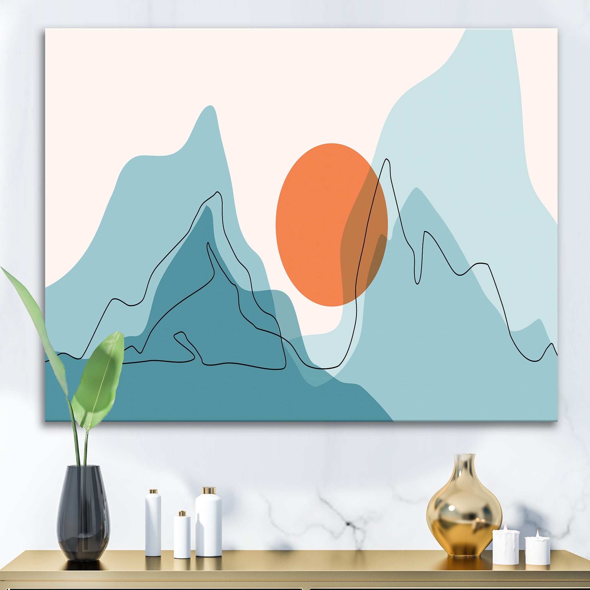 Designart ' Abstract Blue Mountains With Red Moon I ' Modern Canvas Wall Art Print