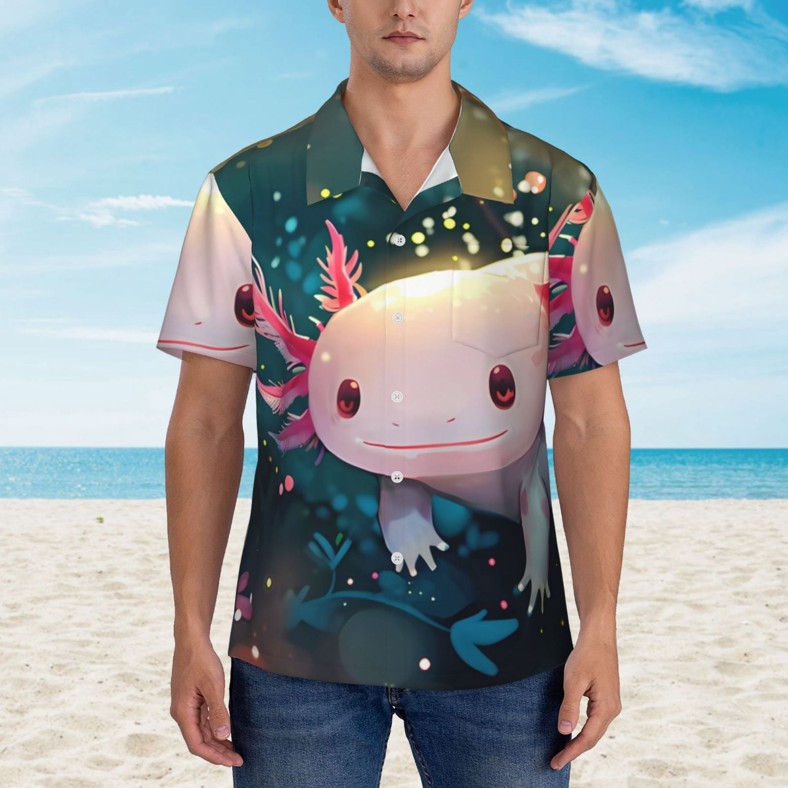 Logiee Whimsical Axolotl Fantasy Print Mens Hawaiian Shirts,Loose-Fit Short Sleeve Button Down Tropical Aloha Beach Shirt,Summer Vacation Wedding Tops,3X-Large