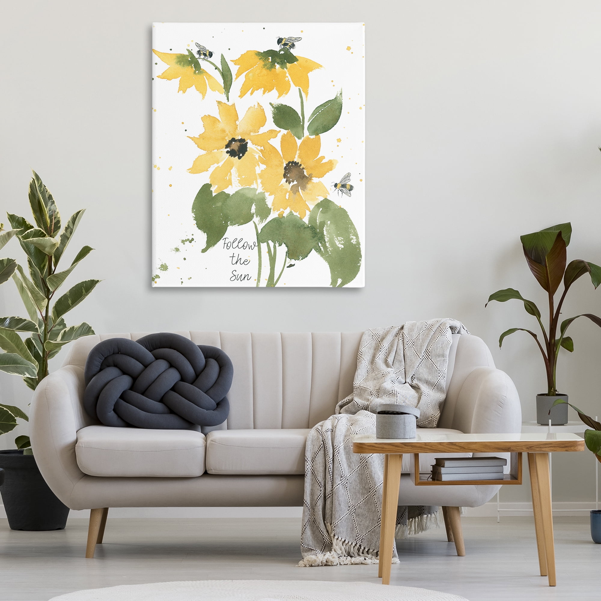 Stupell Industries Follow The Sun Phrase Botanical & Floral Painting Gallery Wrapped Canvas Art Print Wall Art, 36 x 48