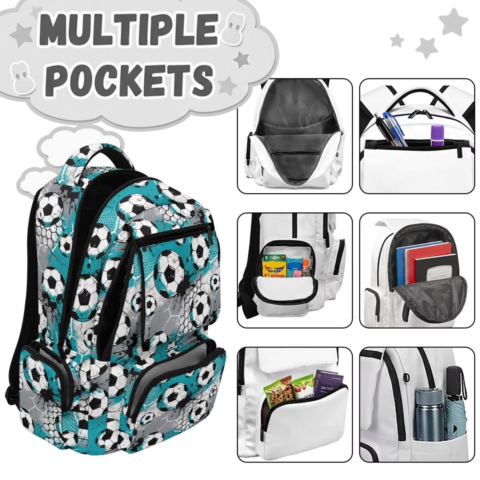 Mochila infantil de fútbol para niños, con estampado deportivo genial, liviana, transpirable, duradera, impermeable, multi bolsillos para estudiantes de primaria 7