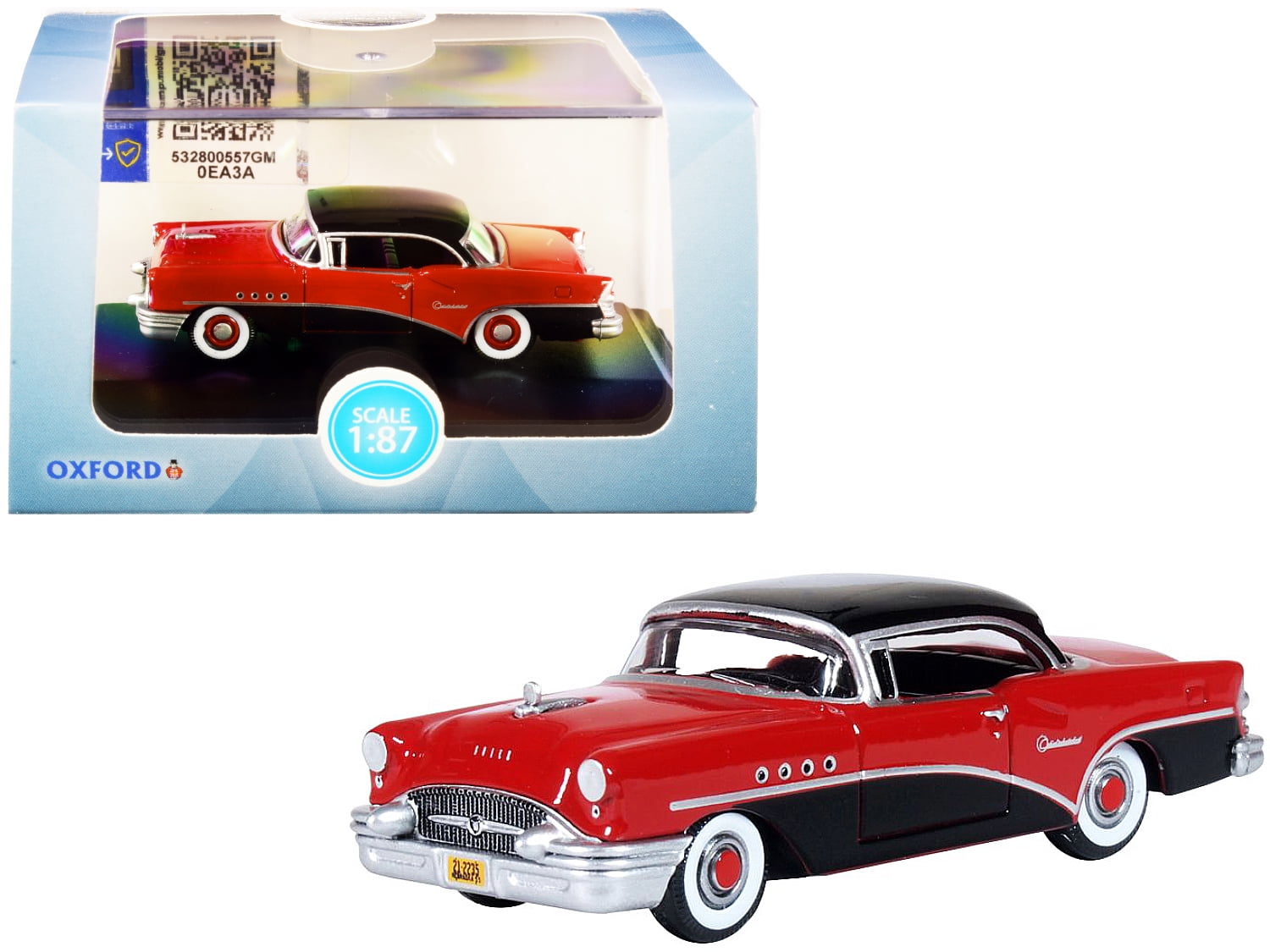 1955 Buick Century Carlsbad Black and Cherokee Red 1/87 (HO) Scale Diecast  Model Car by Oxford Diecast