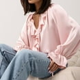 thumbnail image 6 of V Neck Blouses for Women Flowy Ruffle Tie Long Sleeve Fall Shirts Party Ladies Elegant Dressy Evening Casual Tops Pink L, 6 of 7