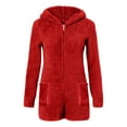 thumbnail image 7 of AKOEE Sherpa Fleece Oneise Short Romper Womens Cat Ear Zip Up Hoodie Pockets Winter Long Sleeve Hooded Loungewear (2XL, Red), 7 of 7