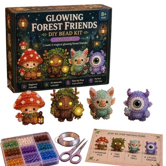 QISIWOLE DIY Tiny Forest Friends Glow in the Dark Beaded Art Kits for Adults, 4 PCS 3D DIY Luminous Craft Kit with Beads & Wire for Teens & Hobbyists, Beginner Friendly Keychain Crafting Set, Gift