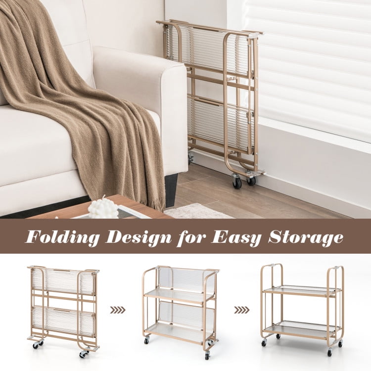 Finihen Rolling Cart, Kitchen Island Cart, 2-Tier Mobile Serving Cart with Tempered Glass Shelf, for Kitchen, Dining Room, Golden Finihen Rolling Cart, Kitchen Island Cart, 2-Tier Mobile Serving Cart with Tempered Glass Shelf, for Kitchen, Dining Room, Golden