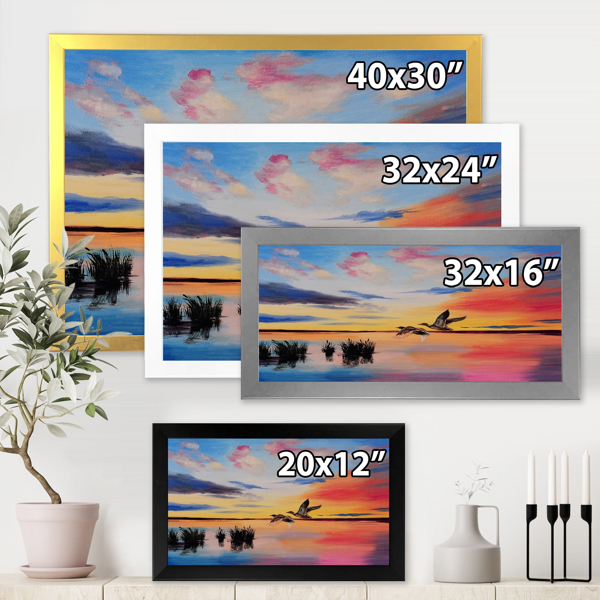 Crane Birds Flying During Colorful Sunset 40 in x 30 in Framed Painting Canvas Art Print, by Designart