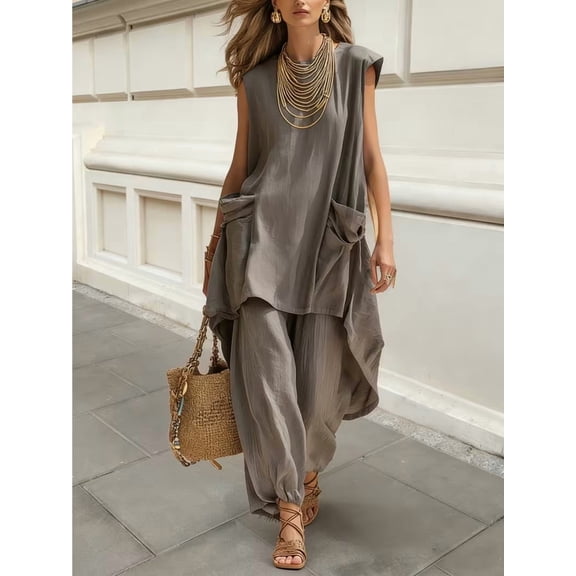 Women's Solid Grey Big Side Pocket Irregular Hem Two-Piece Daily Holiday Set Oversized Crew Neck Top & Tummy Control High Waist Skinny Leggings