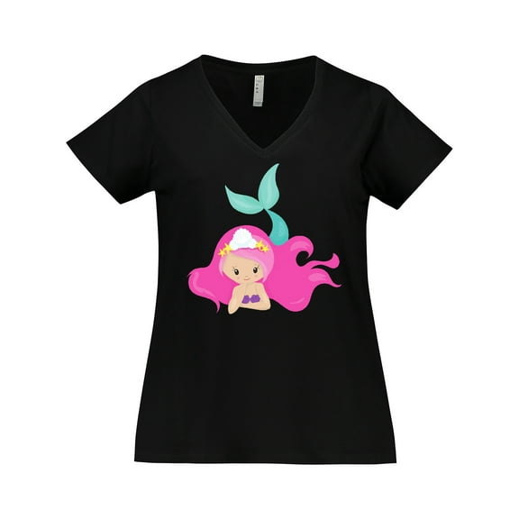 Inktastic Cute Mermaid, Pink Hair, Green Tail Women's Plus Size V-Neck T-Shirt