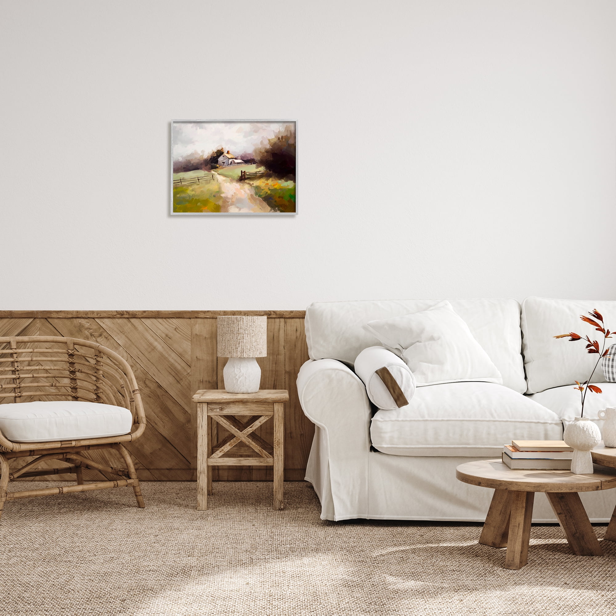 Stupell Industries Country Barn with Fence Landscape Painting Gray Framed Art Print Wall Art, 20 x 16