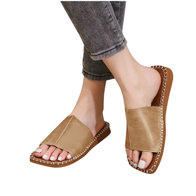 Flat Sandals for Women Slide Open Square Toe Split Joint Leather Soft Sole Non Slip Breathable Beach Summer Slide Sandals Khaki