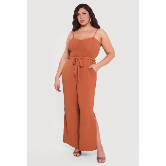 Women's Plus Size Wide Leg Cami Jumpsuit with Tie Waist Belt