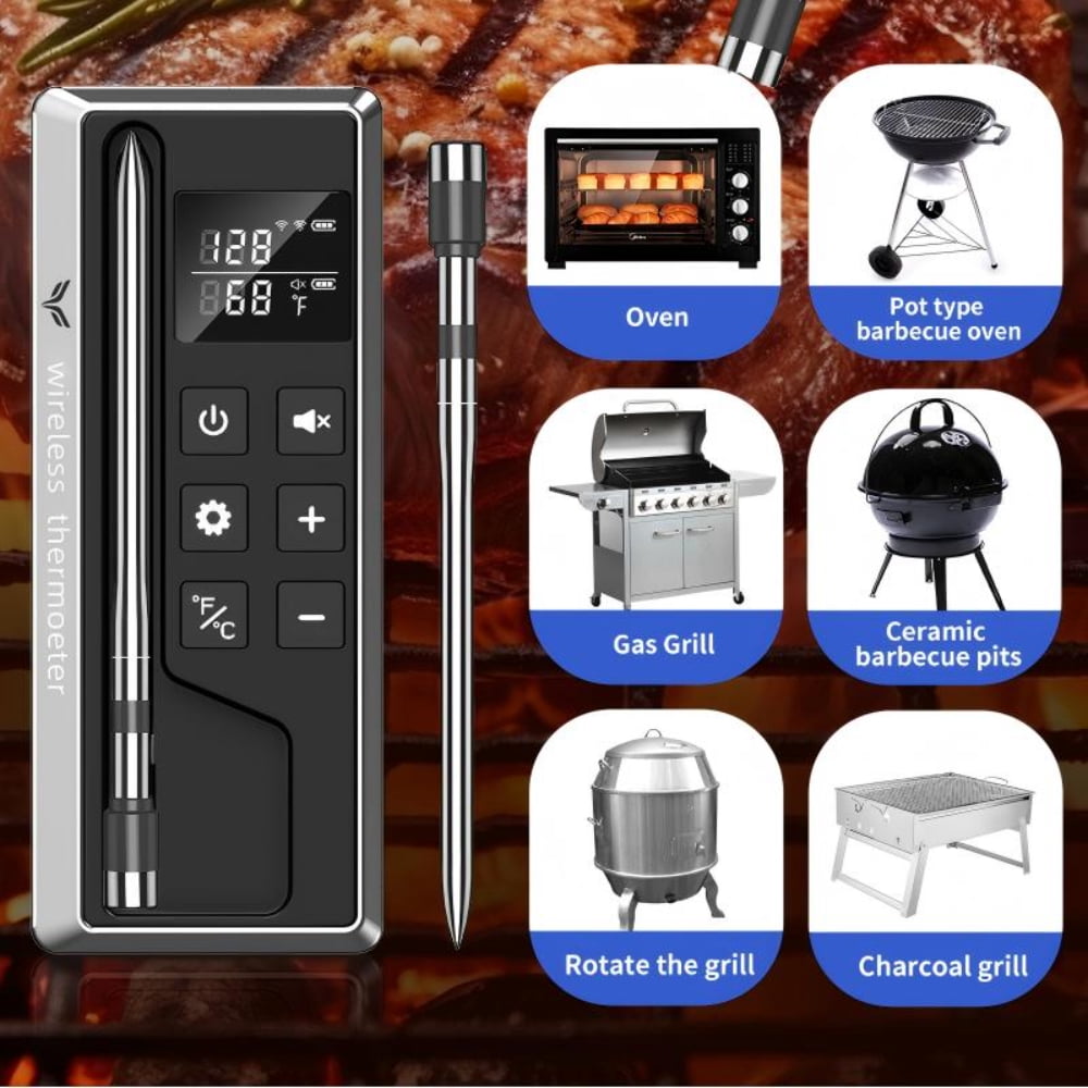 Wireless Multi-Sensor Digital Meat Thermometer with Thin Probe, App and Host Control, Bluetooth, for Oven, Grill (Beef, Lamb, Turkey), Smoker