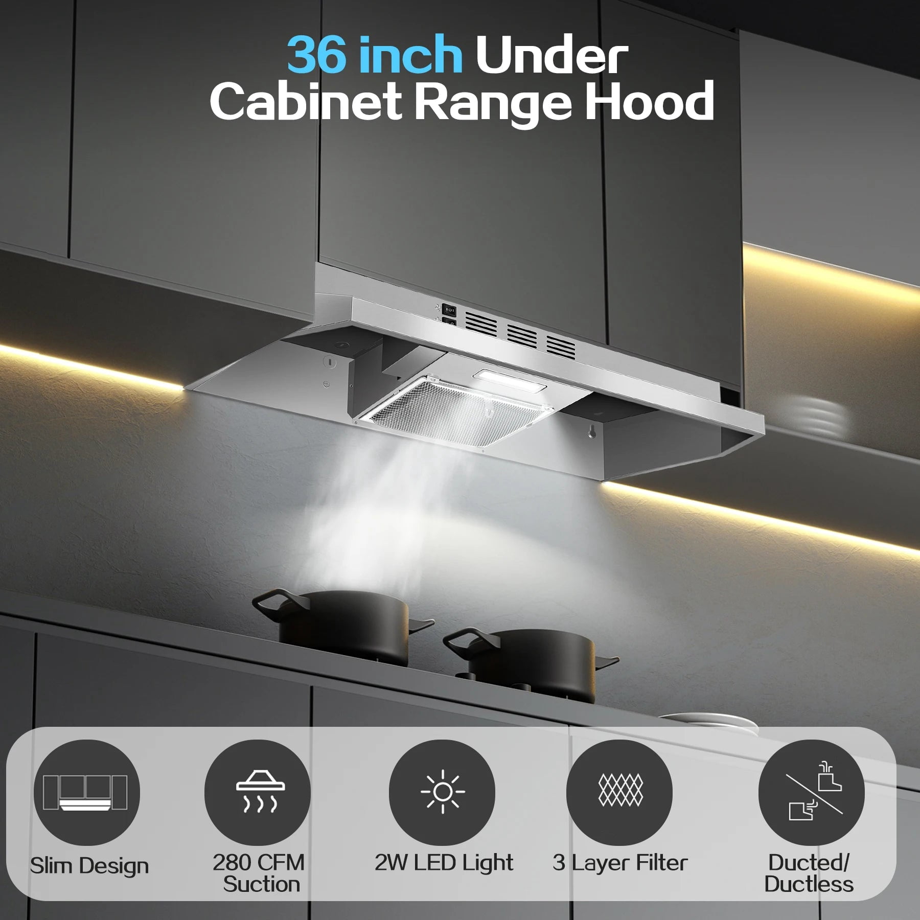 Range Hood 36 Inch Under Cabinet, Stainless Steel Kitchen Vent Hood 280CFM, Built-in Kitchen Stove Hood W/Rocker Button Control