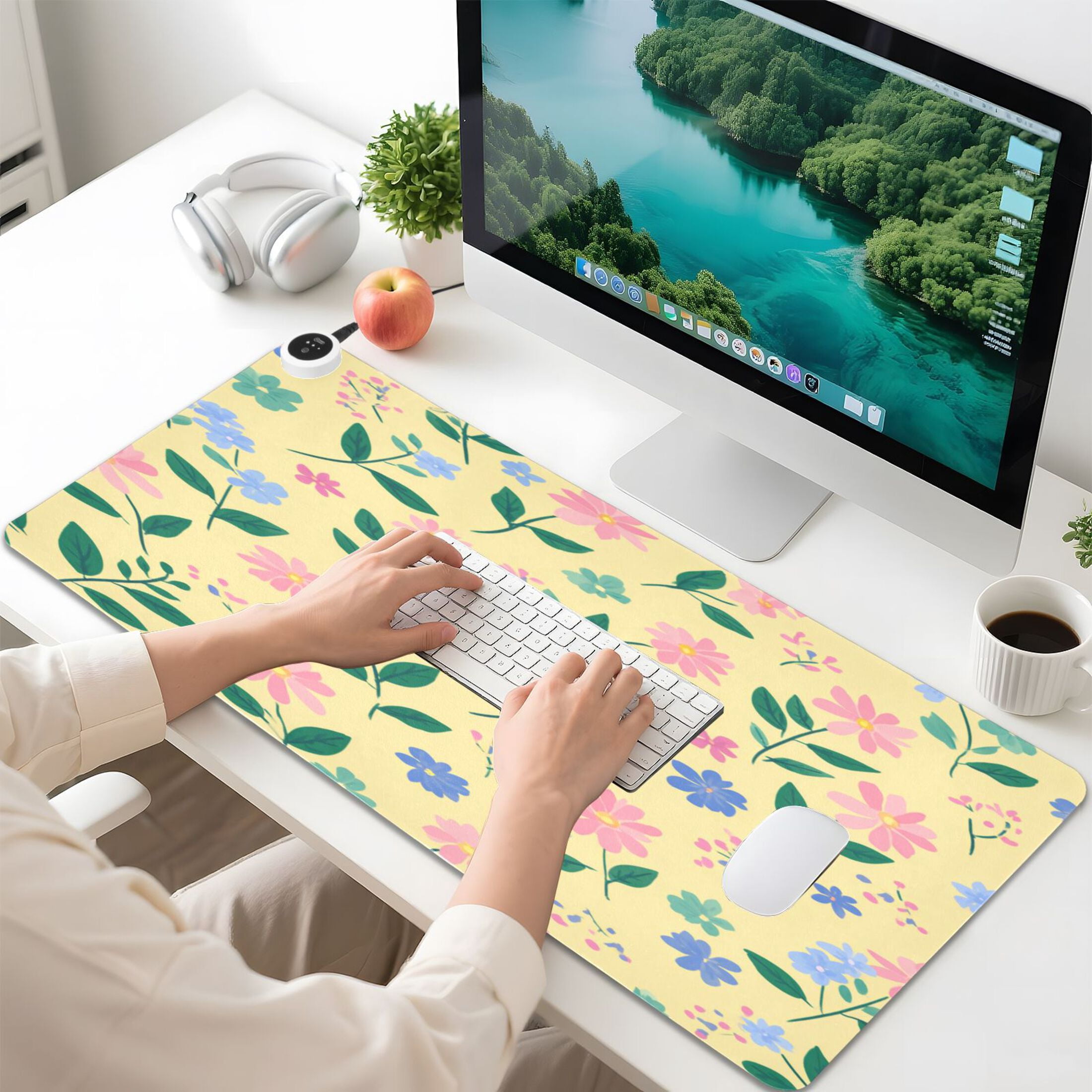 Large Heated Desk Mat Mouse Pad 31.5"x13"PU Leather Graphene Heating Desk Warmer with 3 Temperature Settings 110V US Plug Non-Slip Warm Pad for Home, Office, and Gaming Spring Meadow Floral Print